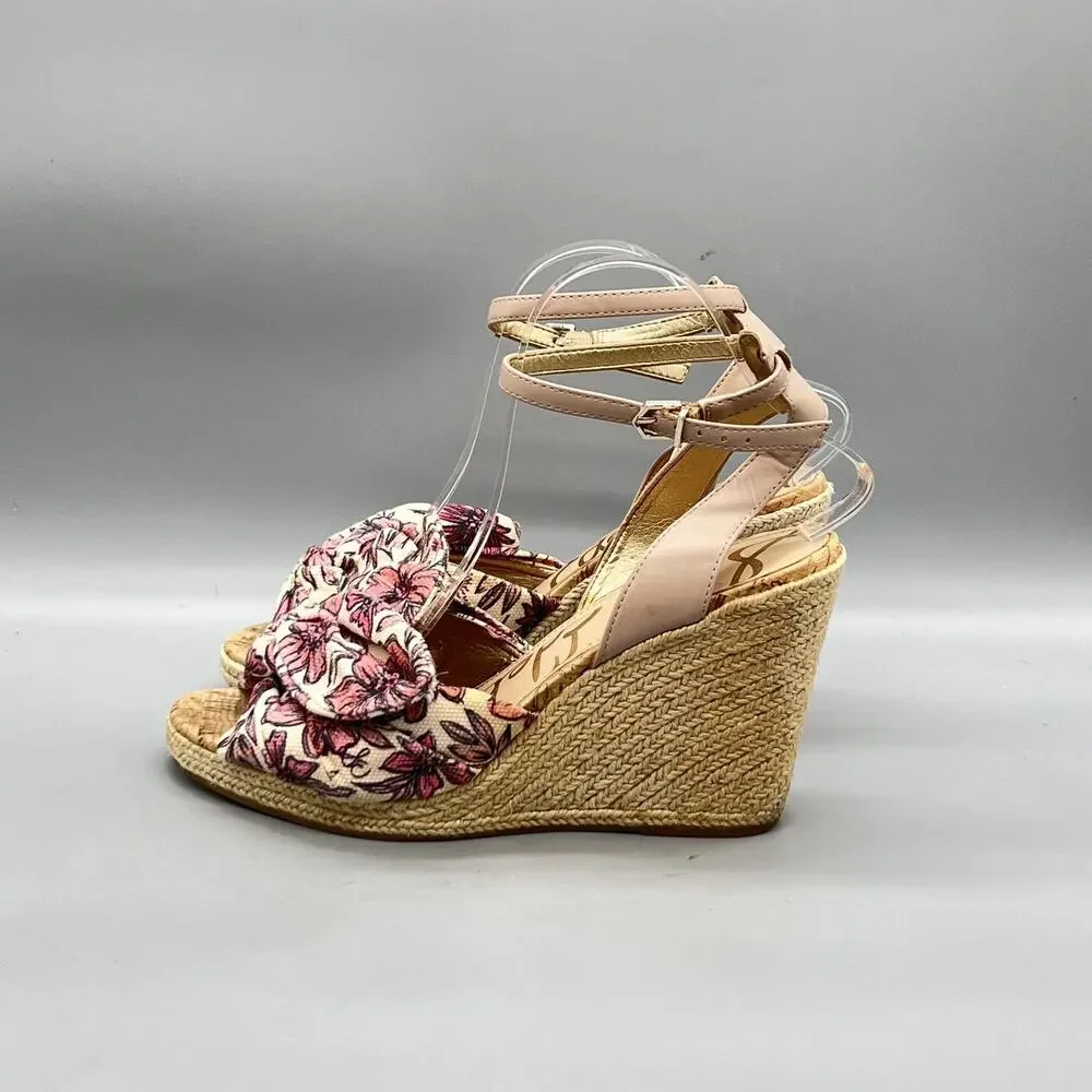 Sam Edelman Sandals Women 10 Pink Cotton Floral Bow Ankle Espadrille Wedge Shoes
